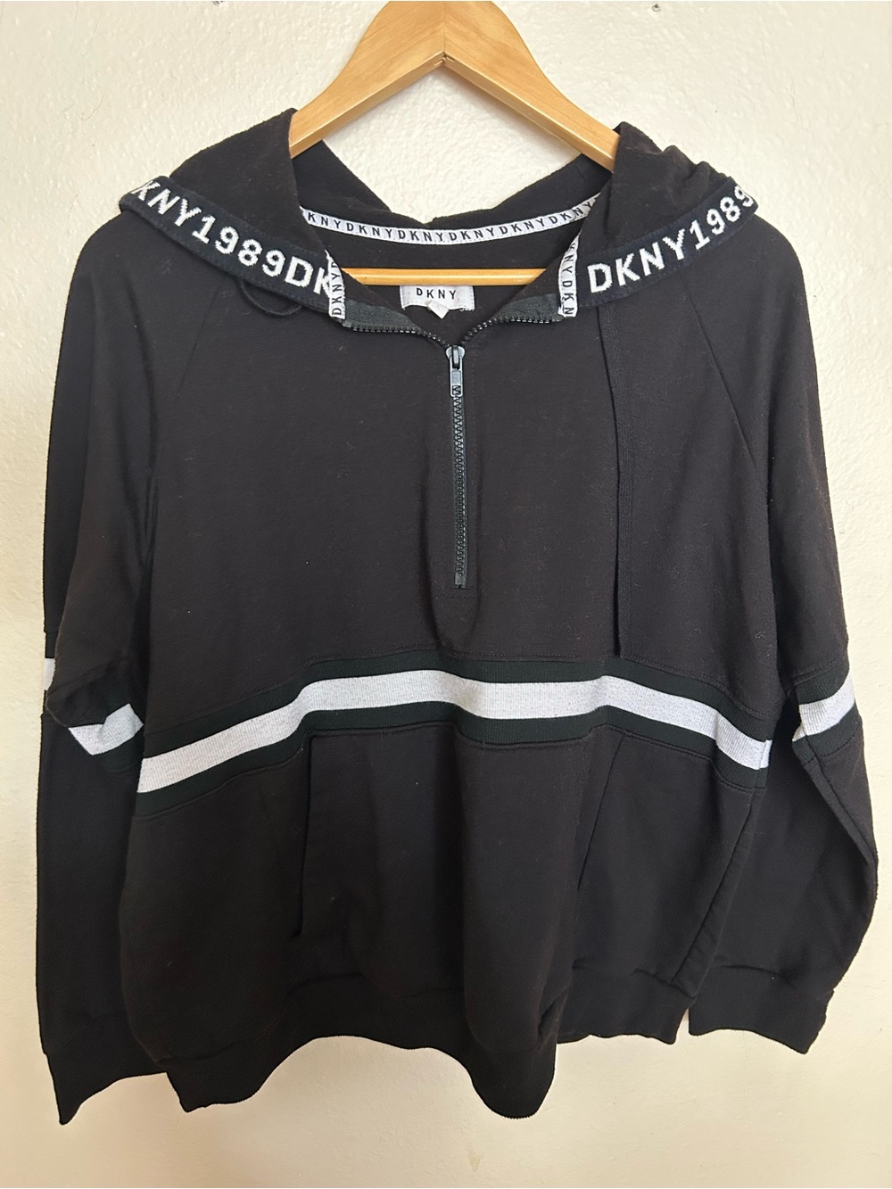 DKNY Black Quarter Zip Hoodie with White Stripes